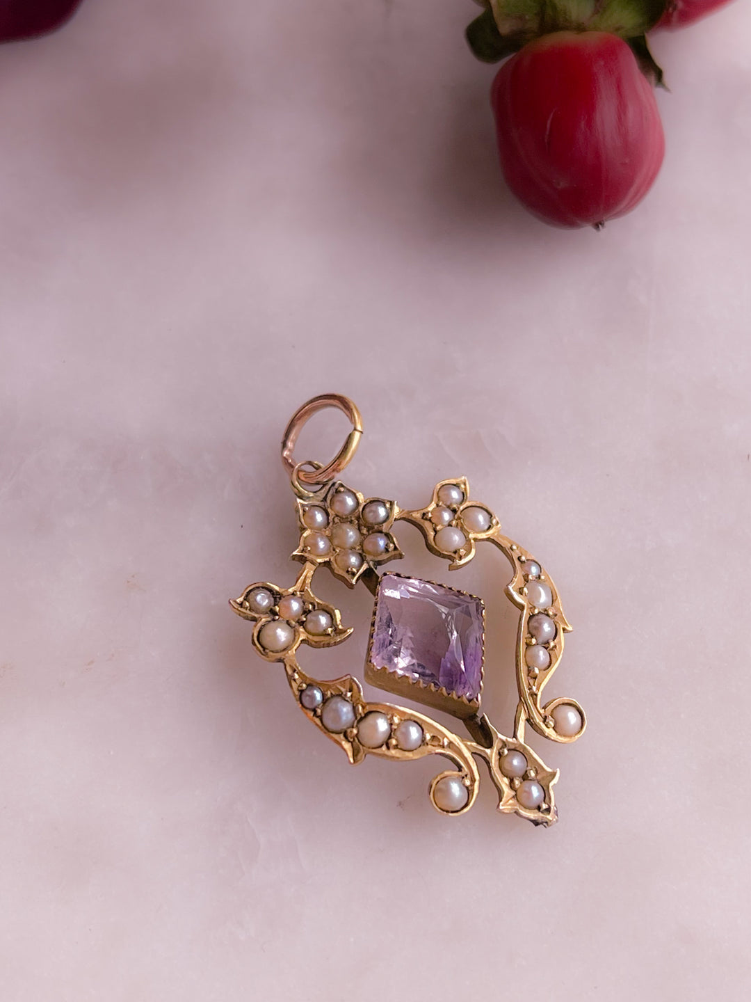 9k English Edwardian Lavaliere Pendant with Amethyst and Pearl (INCLUDE PINK STONE LAVALIER PEARL PENDANT)