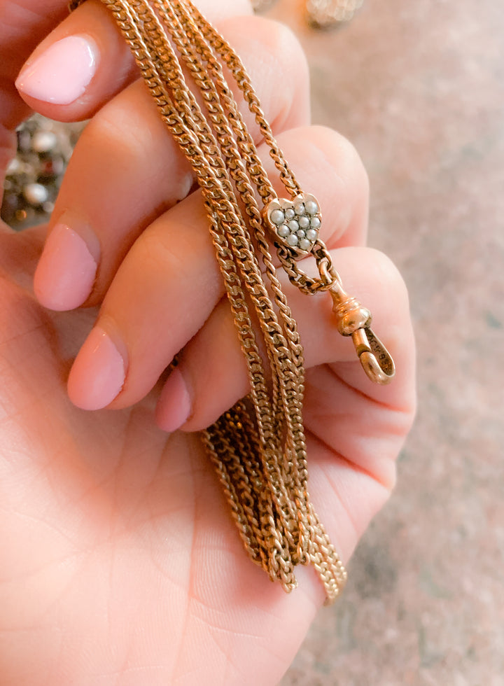 10k Hallmarked American Victorian Pearl Embellished Slide Chain