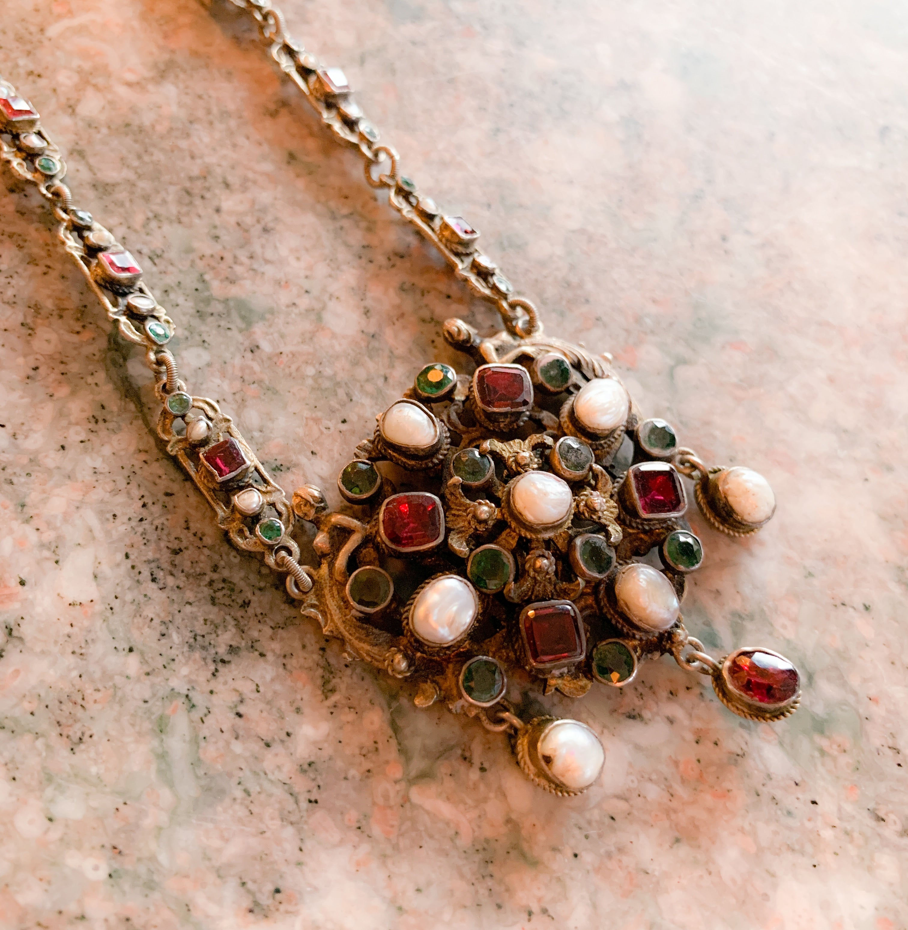Sterling Silver, Garnet, Pearl, and Emerald Paste Austro-Hungarian Necklace