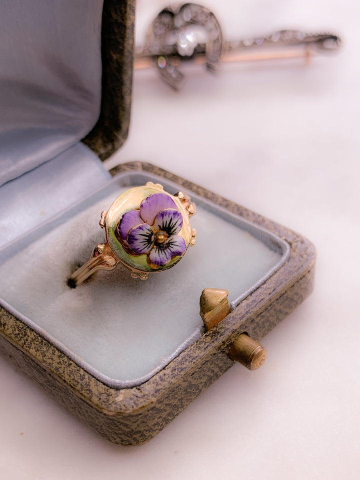 Antique 14k & Enamel Pansy Conversion Ring