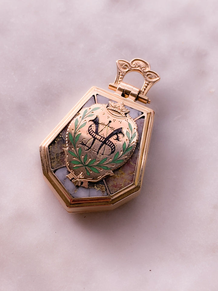 California Gold Rush Gold-in-Quartz Locket in 14k (include Georgian fob)