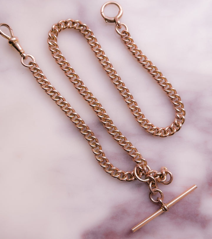 Extremely Pink 9k Prince Albert Chain with Sliding T-Bar and Oversized C-Clasp and Dog Clip
