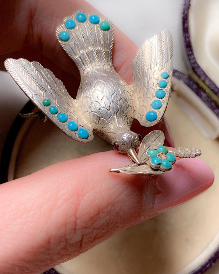 Outstanding Sterling and Turquoise Locket Brooch of Dove Delivering a Forget-Me-Not