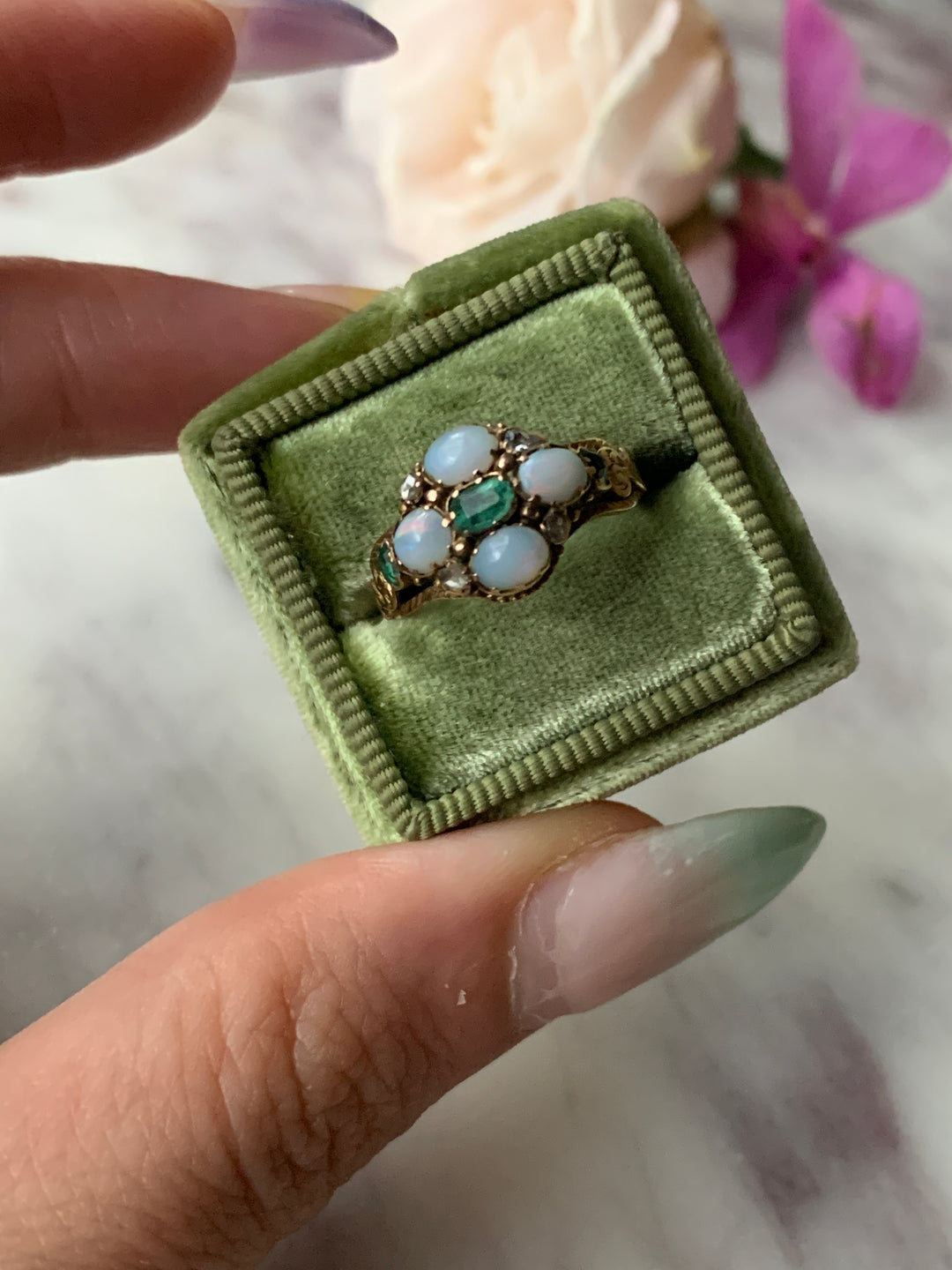 15k Victorian Opal, Emerald, and Diamond Locket Ring