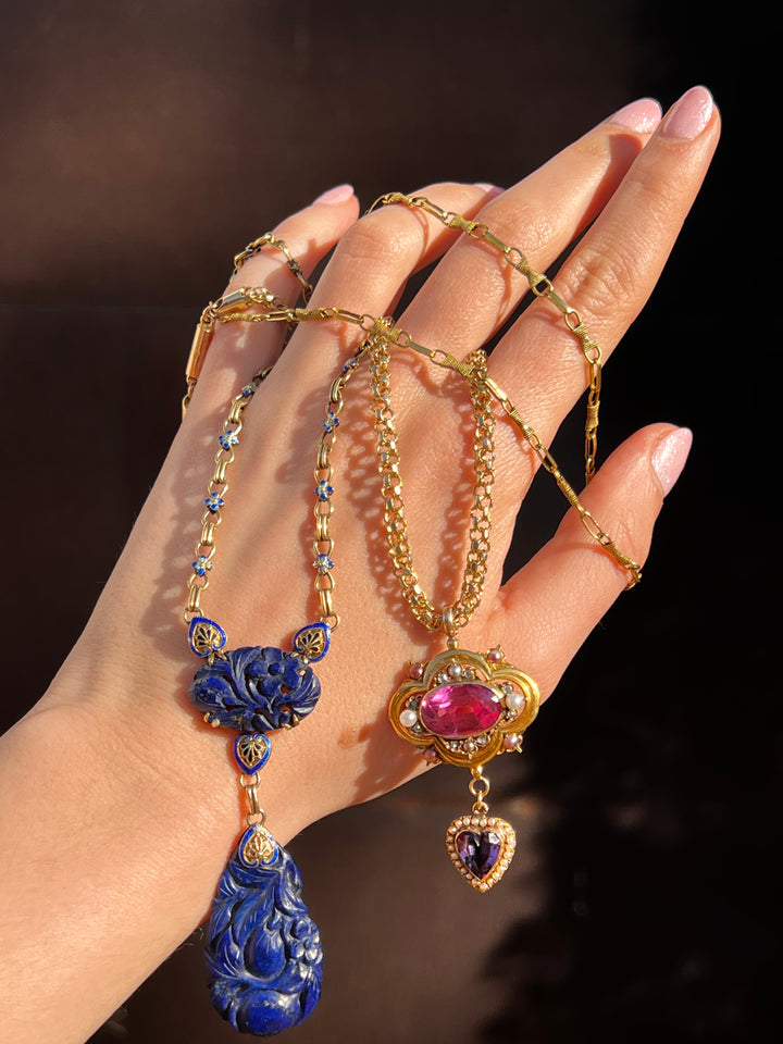 Art Deco Lapis and Enamel Lavaliere Chain in 14k