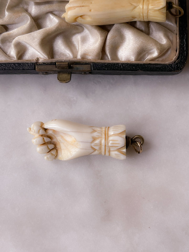 Mano Figa in Bone with Carved Cuff & Triple-Petal Forget-Me-Not Enameled Bow