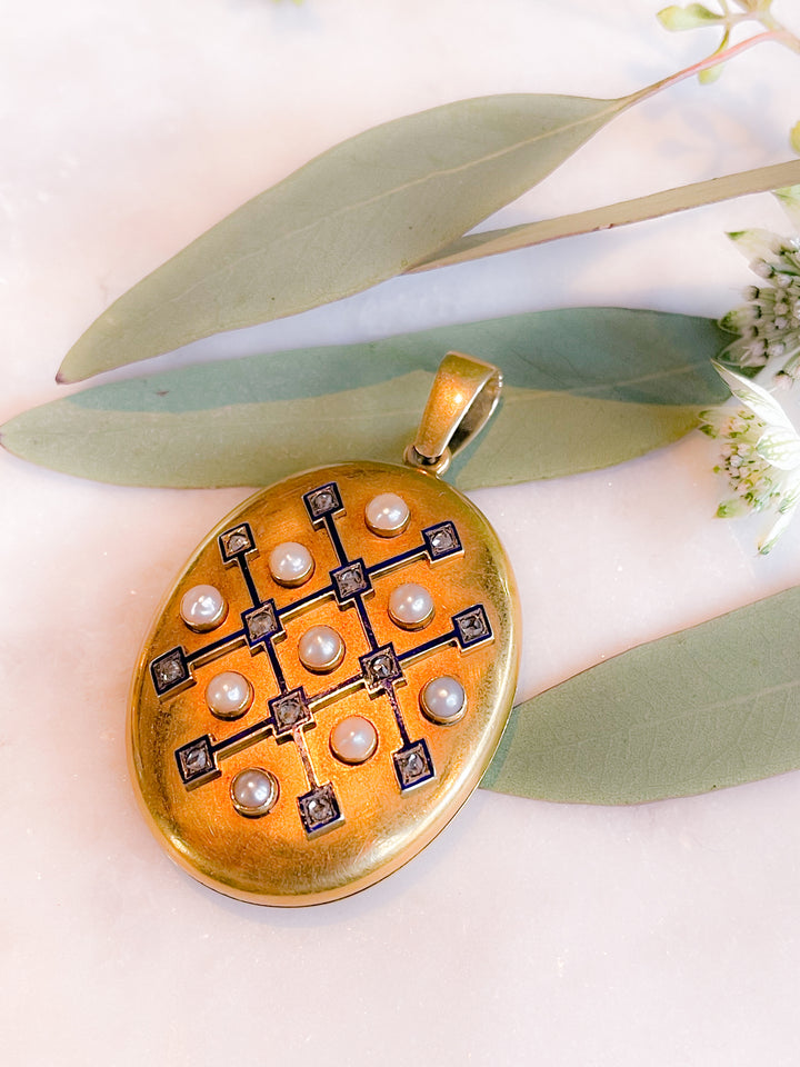 Pearl, Rose-Cut Diamond, and Blue Enamel 18k Locket