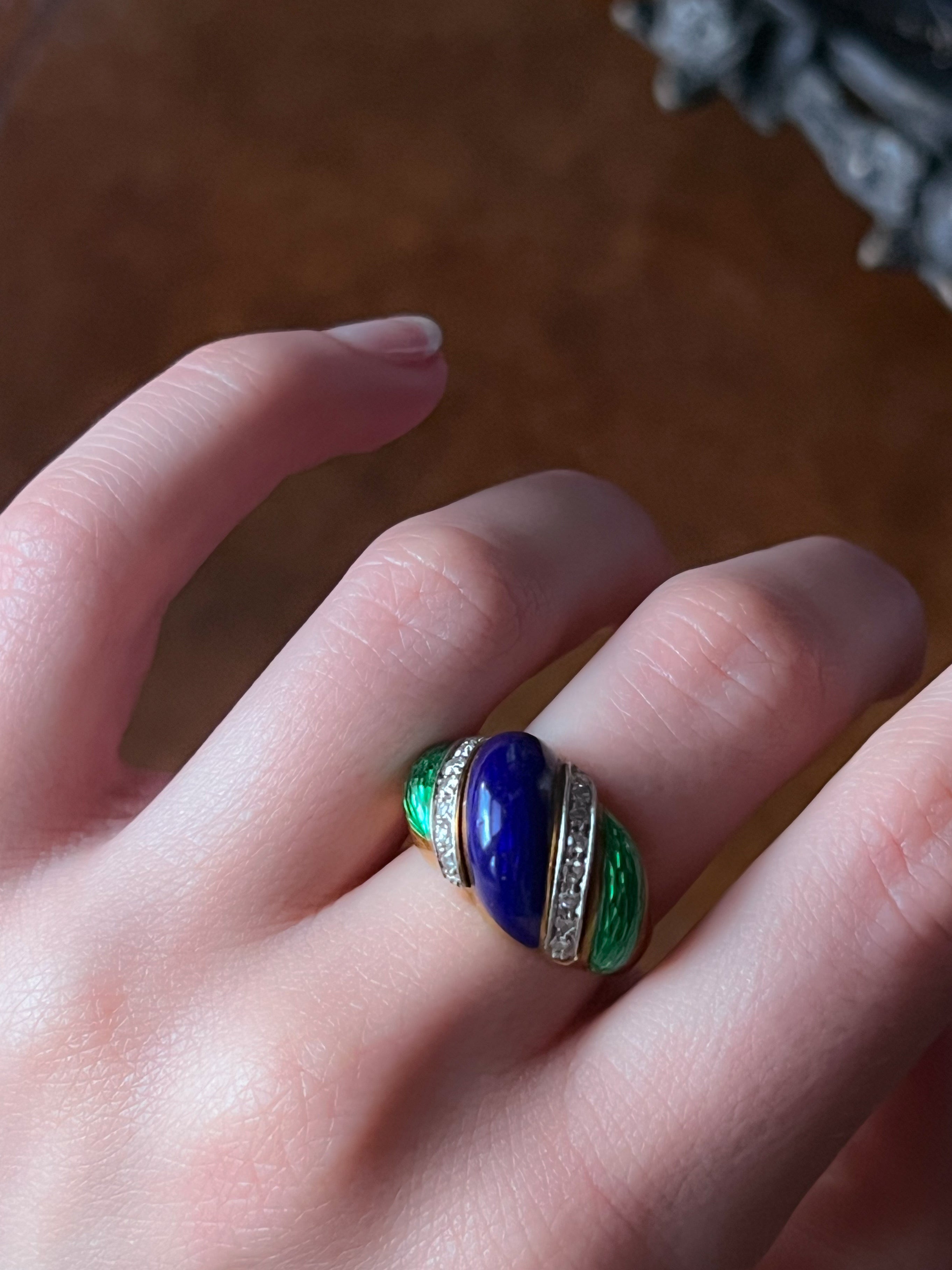 18k Green, Blue Enamel Diamond Ribbon Ring