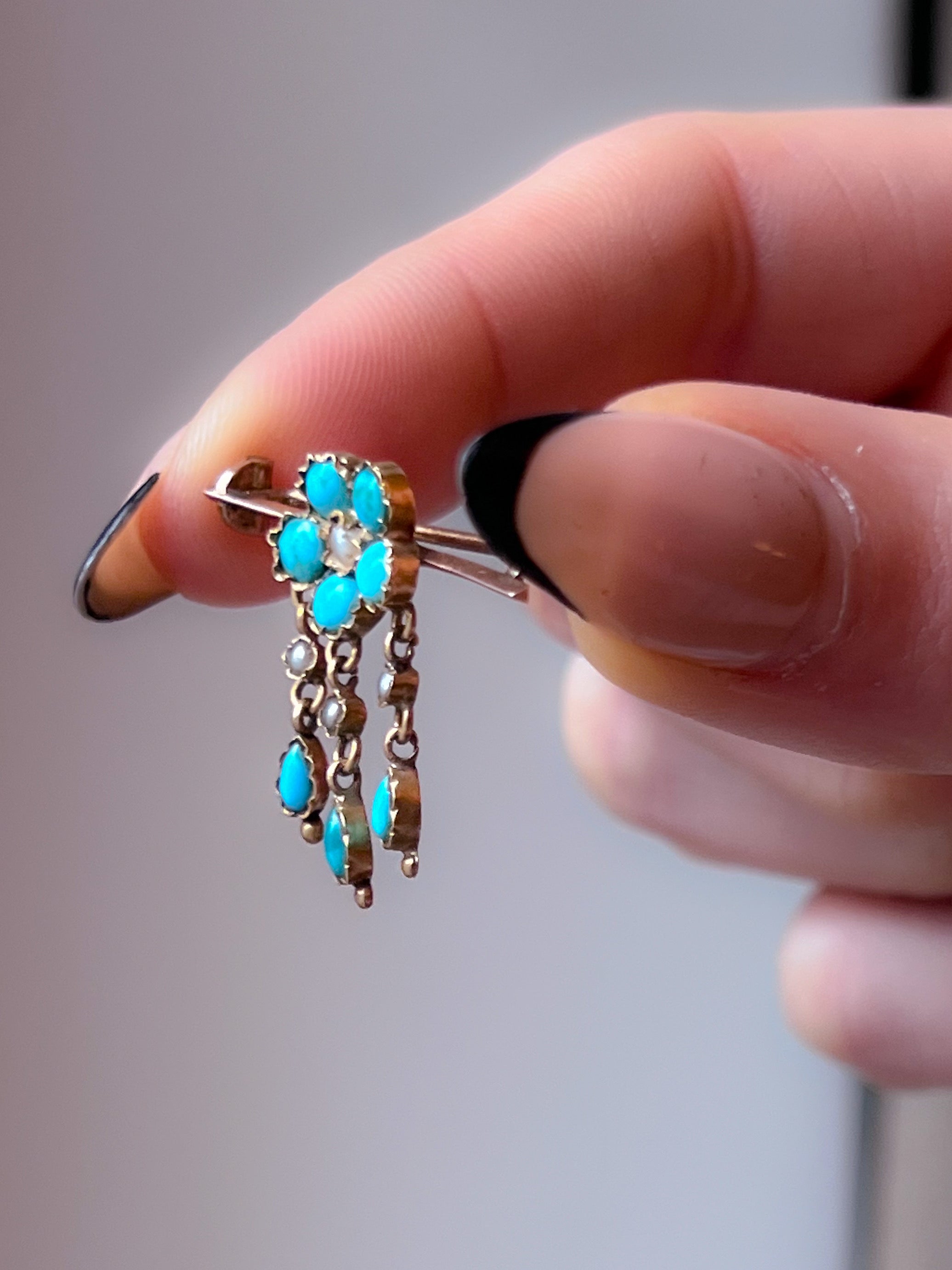 18ct Turquoise and Pearl Forget-Me-Not Bar Brooch C. 1870