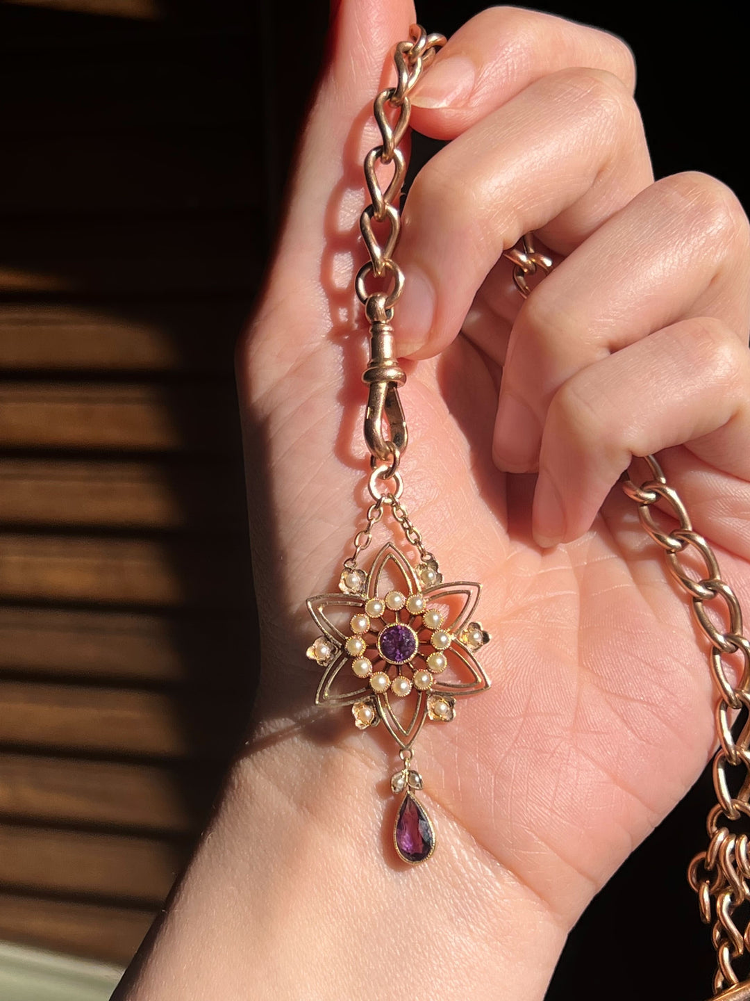 Exceptional 15k Edwardian Amethyst and Pearl Star Lavalier Circa 1910