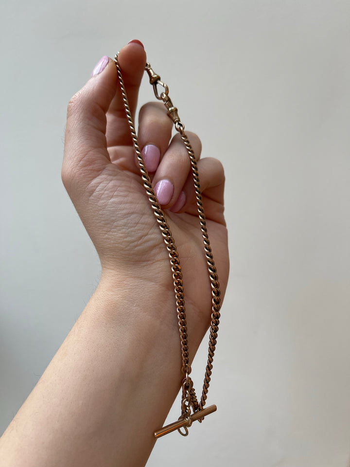 9k Victorian Forget-Me-Not Embellished Crescent Brooch + 9k Victorian Albert Chain