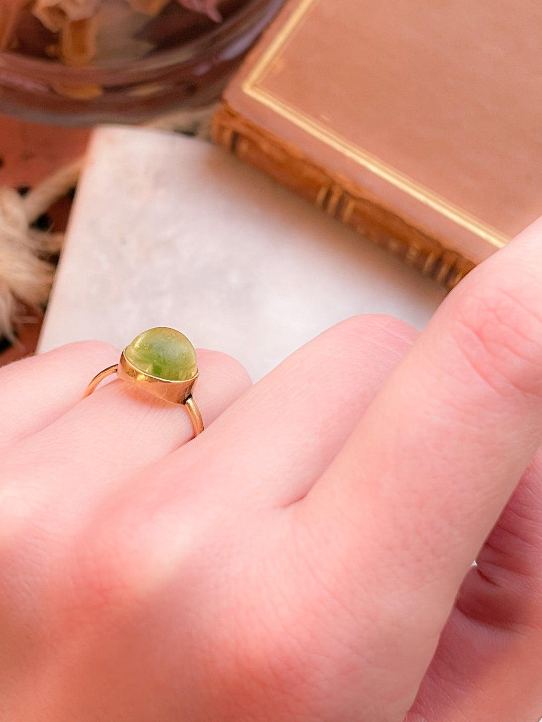 French 18k Ring Featuring Sphere of Sage Green Glass to Mimic Peridot