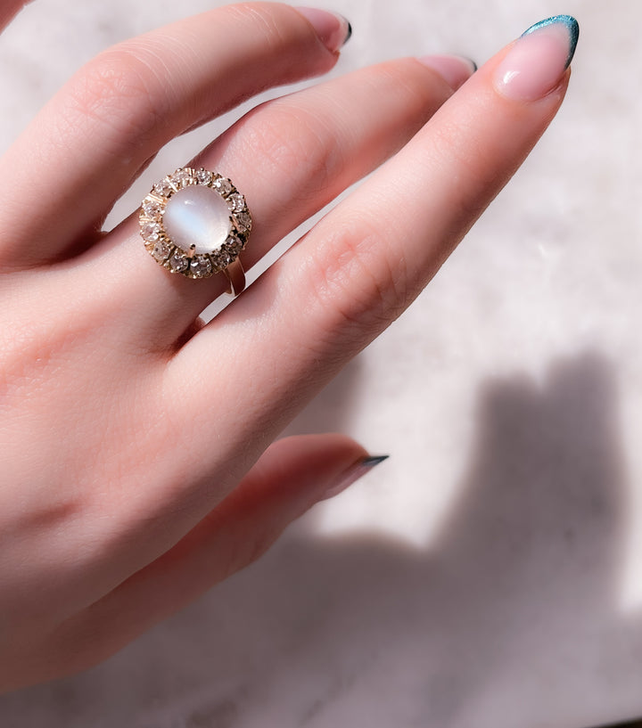 Massive 18k Diamond and Moonstone Cluster Ring