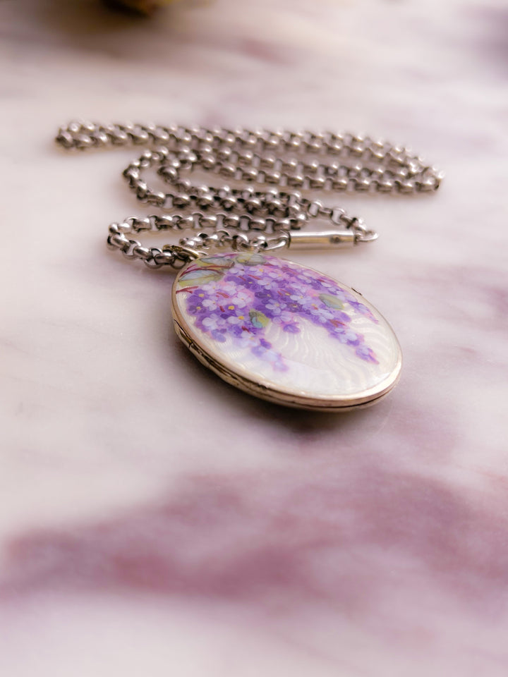 Edwardian Enamel and Sterling Silver Locket Depicting Wisteria Blooms on Verdant Vine *include purple and 'wheat' ribbon*