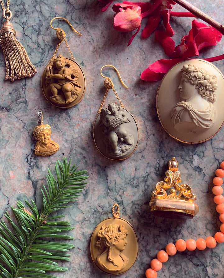 High Relief Italian Lava Cameo Earrings in 14k