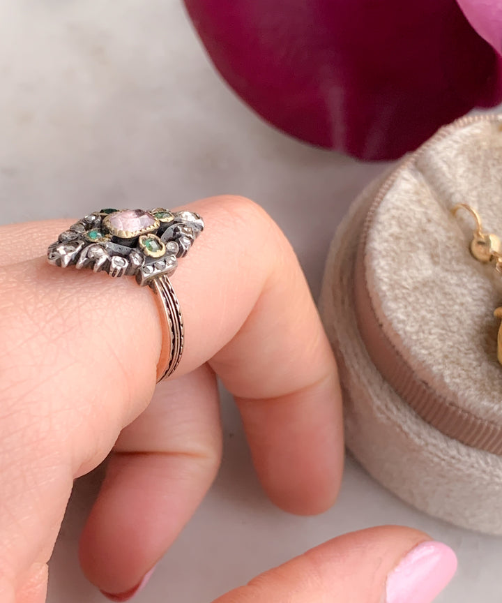 19th Century French Gemset Ring with Amethyst, Diamonds, and Emeralds