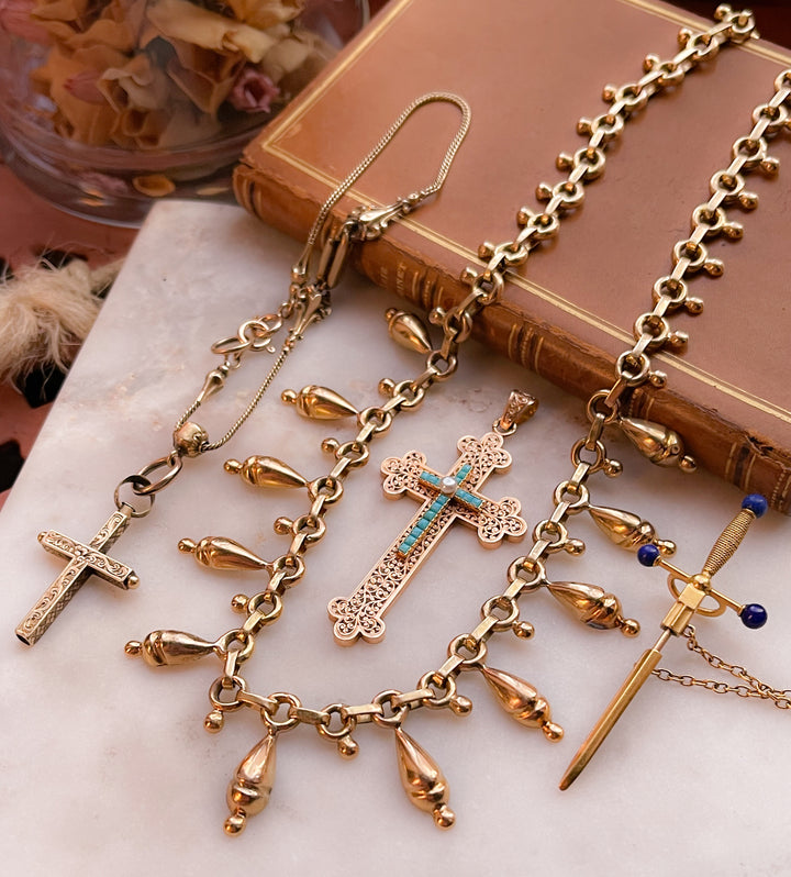 Pink Gold 18k French Cross with Turquoise and Pearl *include pink ribbon*