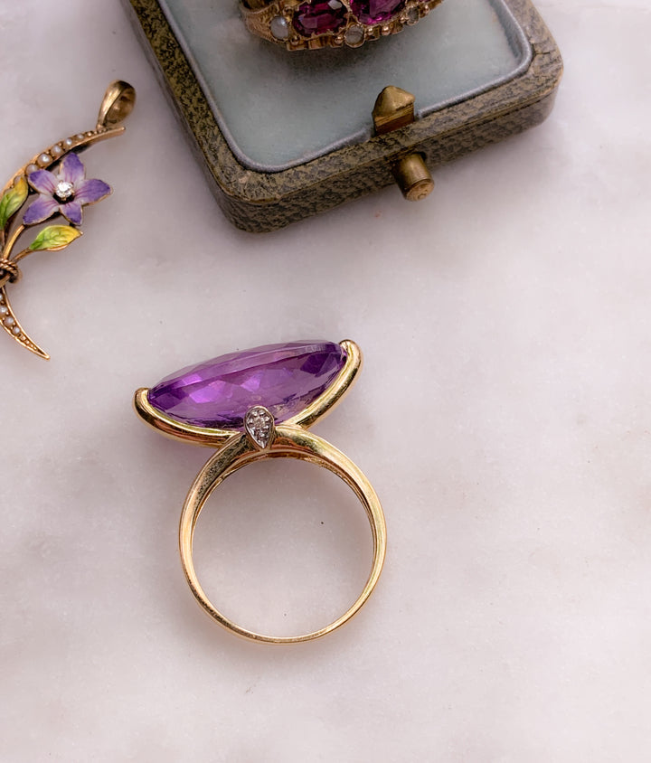 Stunning Vintage 14k Amethyst and Diamond Cocktail Ring