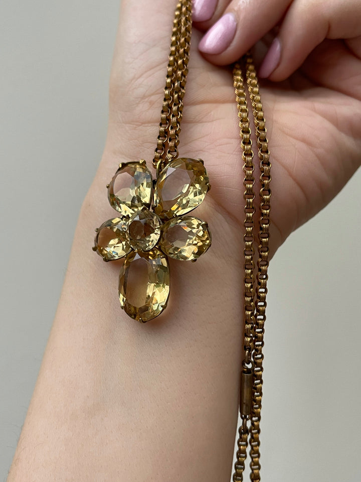 Mid 19th Century Citrine Paste Pansy on Gold Over Brass Chain *Include Yellow Velvet Riibon*