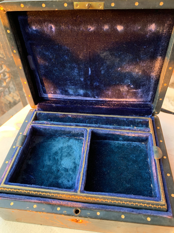 Victorian Dome Top Leather & Blue Velvet Jewel Box