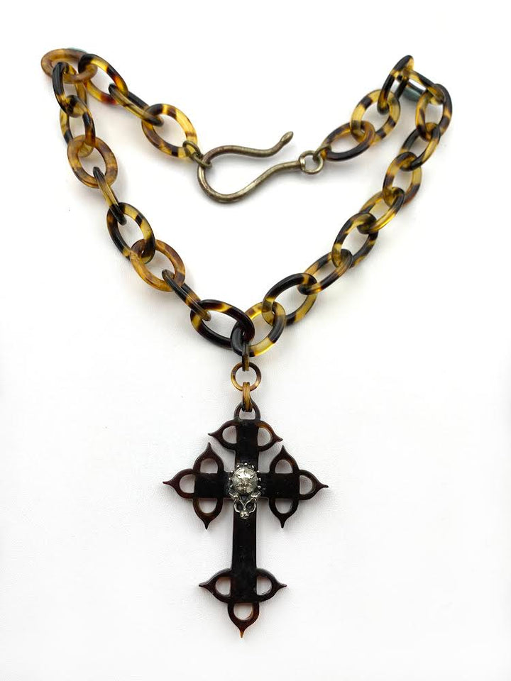 Antique Silver, Diamond & Carved Tortoise Shell Cross Pendant & Chain