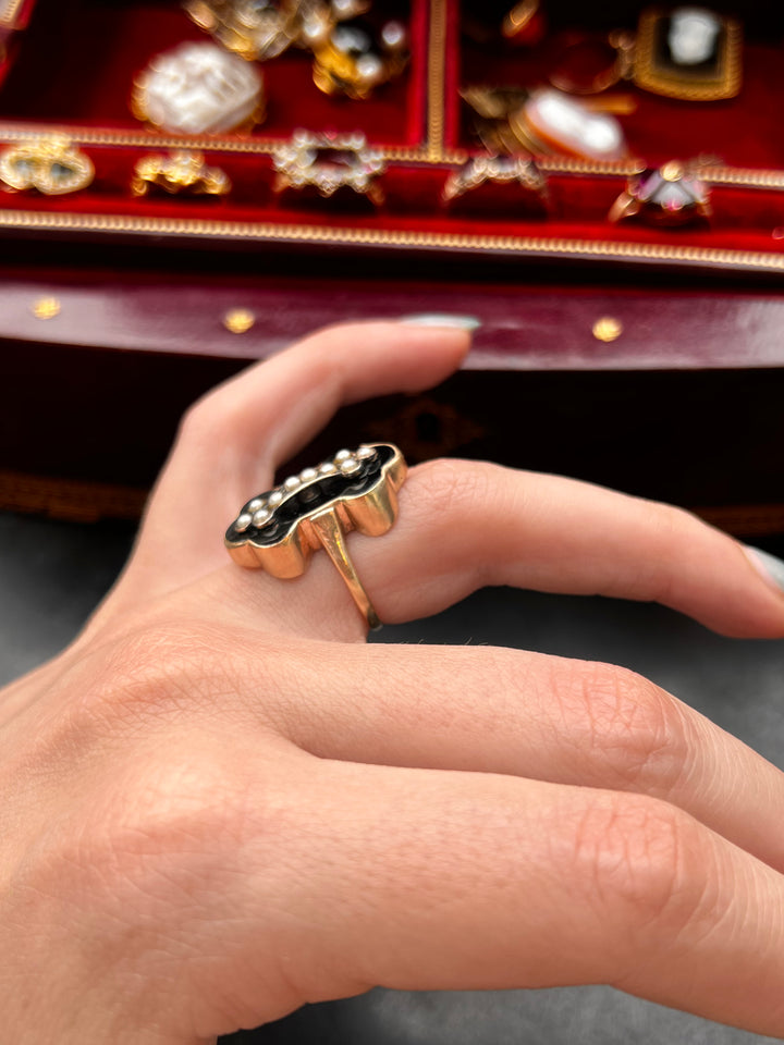 Black Chalcedony and Pearl Ring in 14k