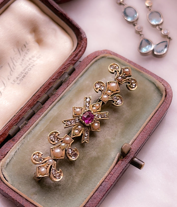 Stunning Victorian 18k Fleur De Lis Bar Brooch with Ruby, Diamonds, and Pearls *sold as combo*
