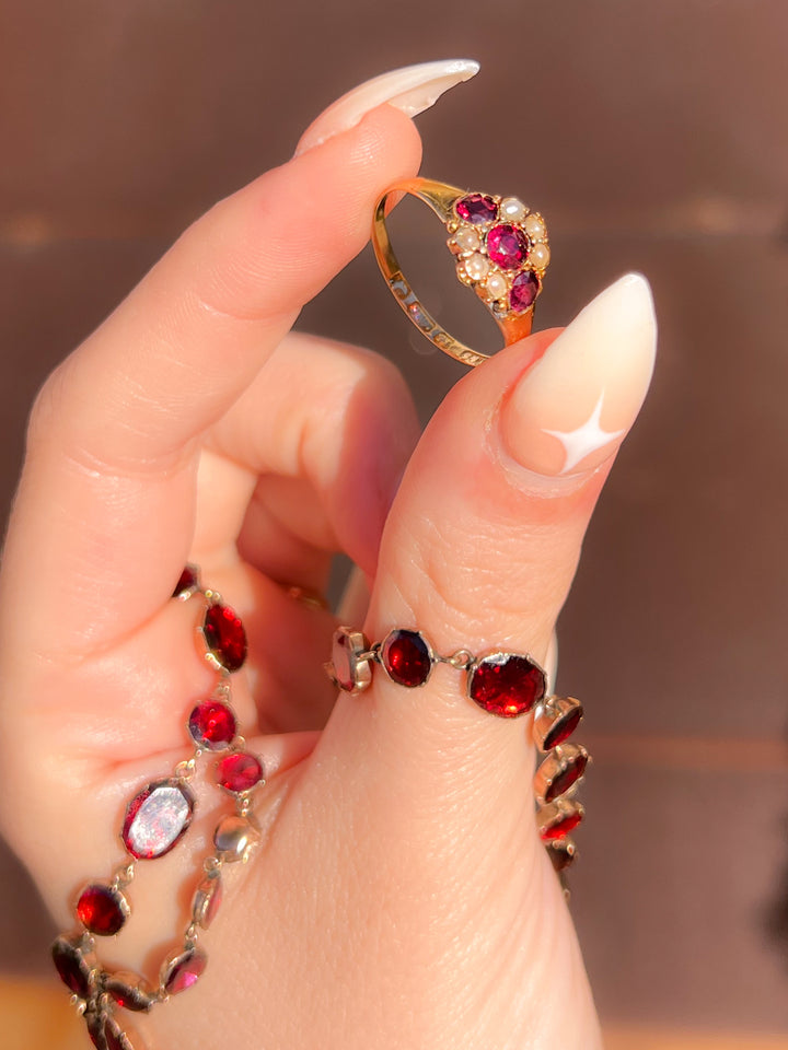 15k Almandine Garnet and Pearl Ring C 1880