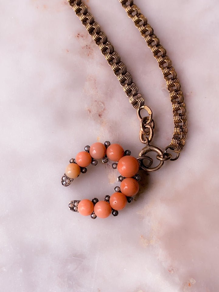 Coral and Pearl Horseshoe in 9k & Superb Victorian Sterling Heart Albertina Chain