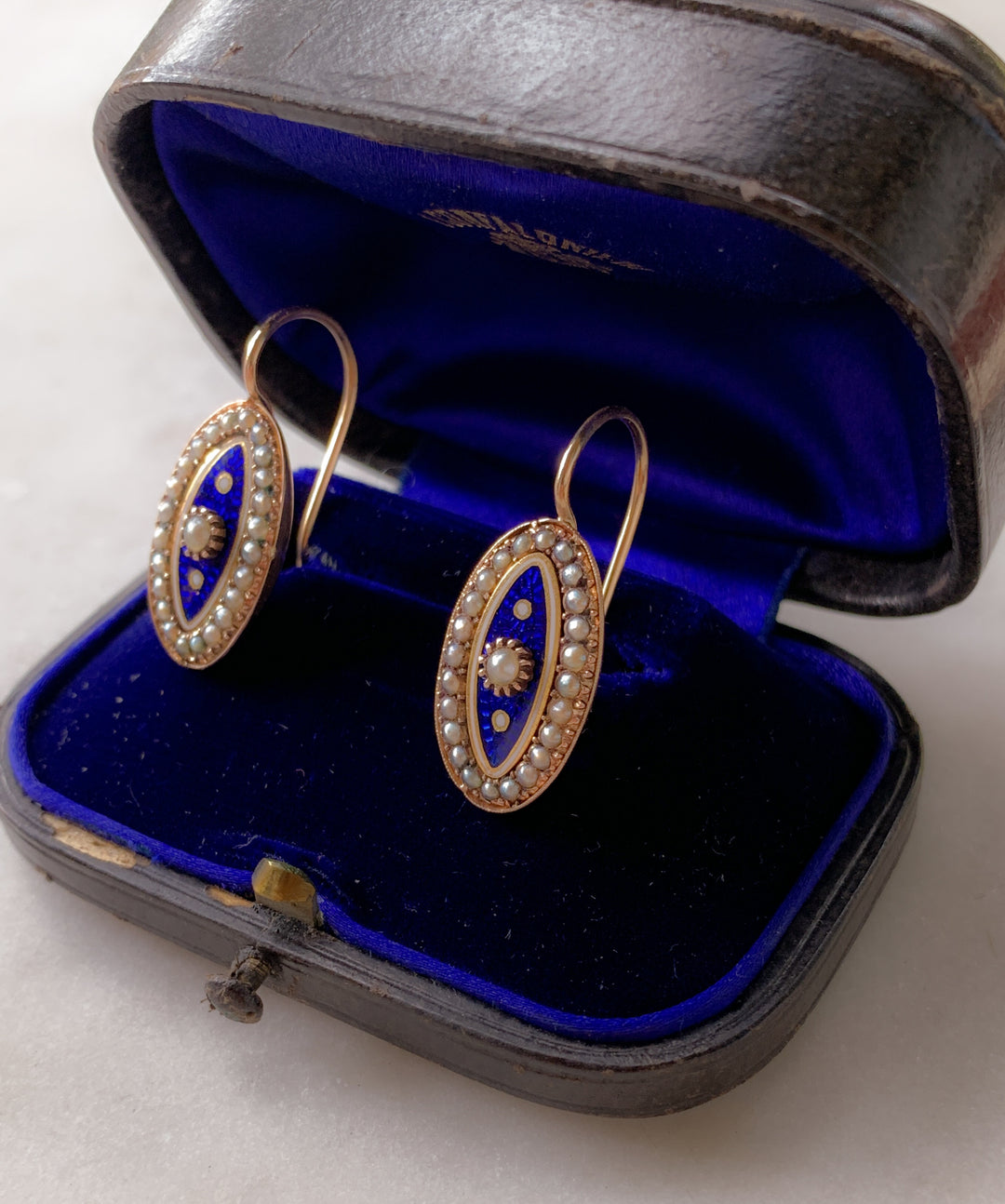 Georgian Blue Enamel and Pearl Earrings Circa 1810