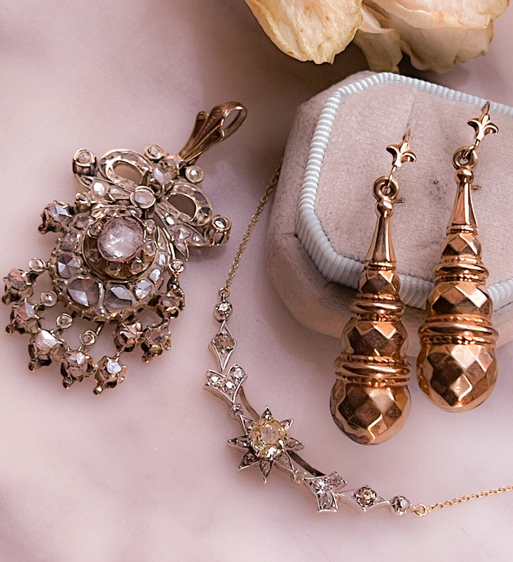 9k Victorian Faceted Drop Earrings *include red ribbon*