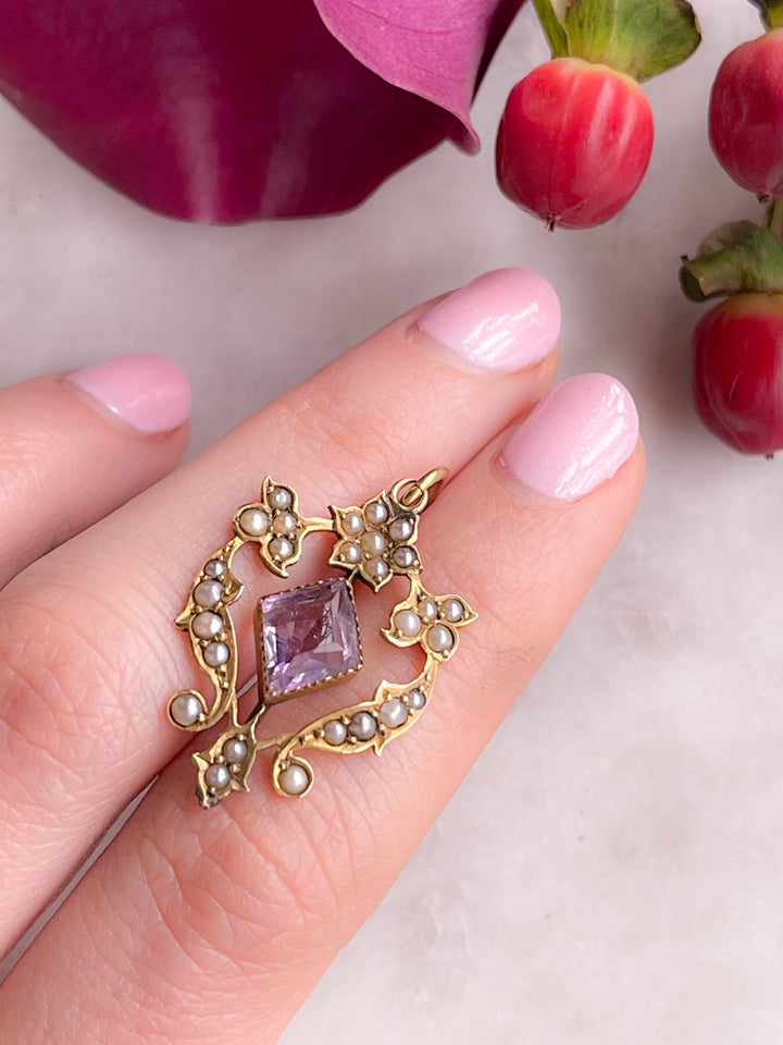 9k English Edwardian Lavaliere Pendant with Amethyst and Pearl (INCLUDE PINK STONE LAVALIER PEARL PENDANT)