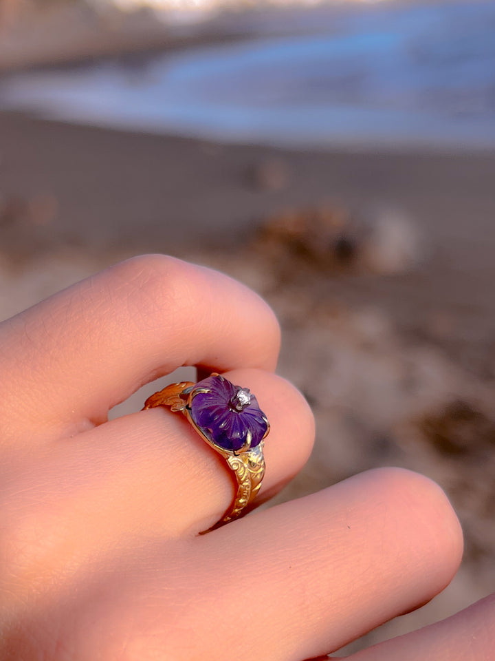 Exceptional Late 19th C Carved Amethyst Flower Conversion Ring