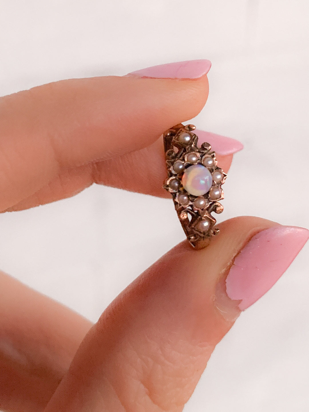 9k Victorian Pearl and Opal Flower Ring