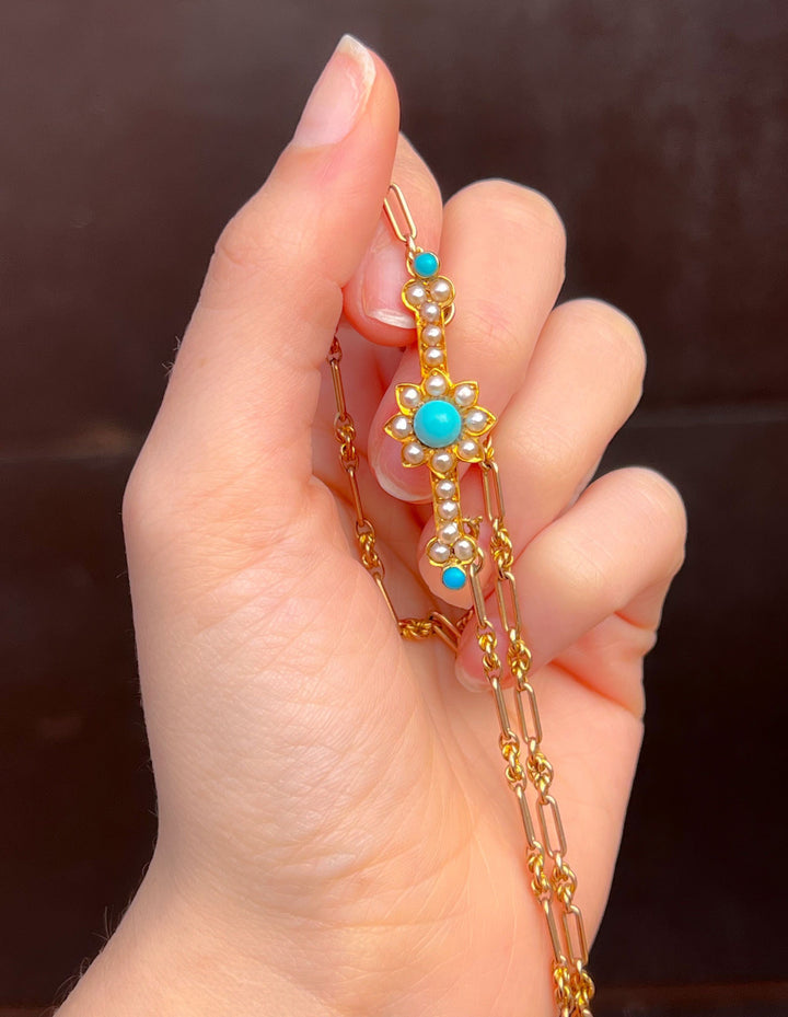 15k Turquoise and Pearl Forget-Me-Not Bar Brooch C. 1880
