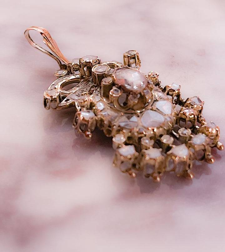 18k and Sterling Silver Rose-Cut Diamond Bow Pendant *include white and red ribbon*