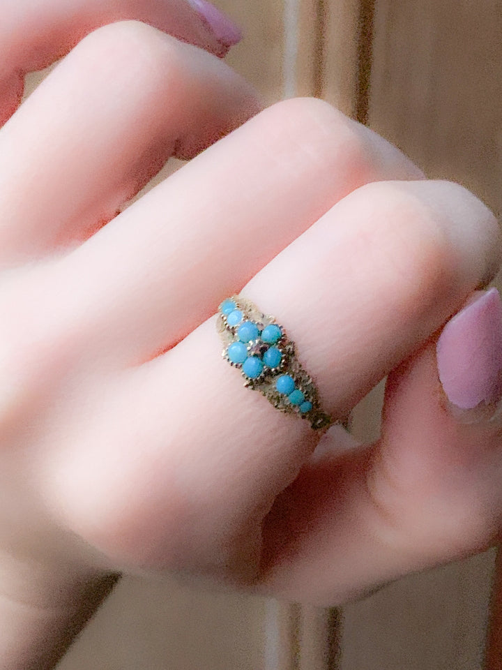 15k Outstanding Victorian Flower Ring of Turquoise and Garnet