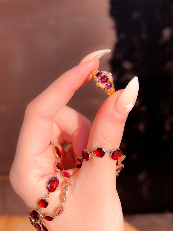 15k Almandine Garnet and Pearl Ring C 1880