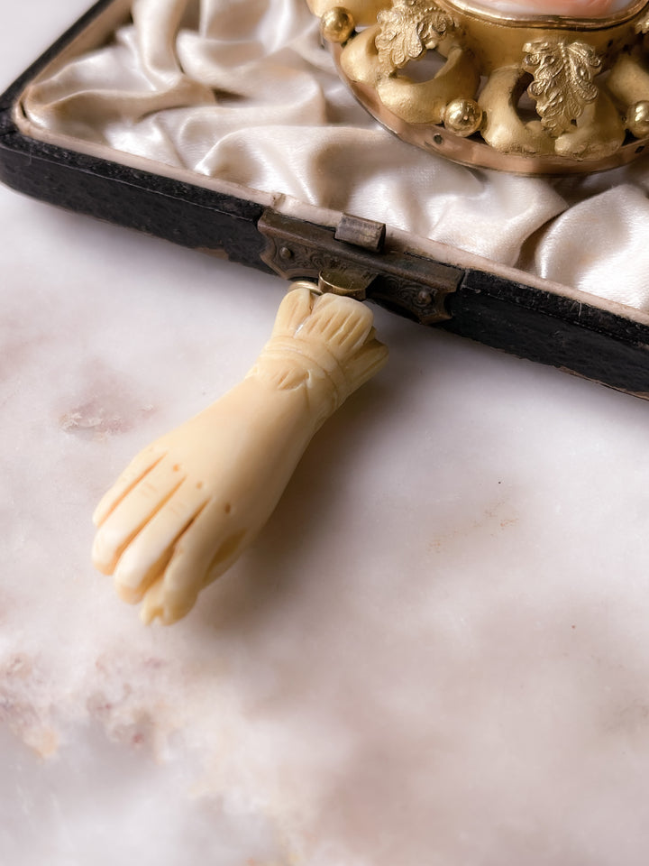 Mano Figa in Bone with Carved Cuff & Scarab & Brass Piece