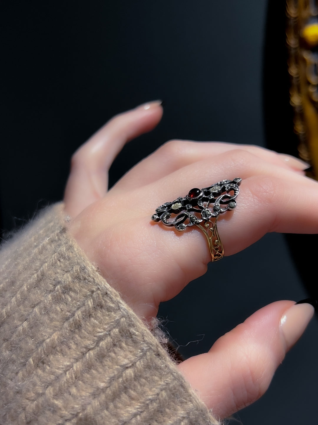 Fine 19th C French Marcasite, Diamond And Garnet Ring
