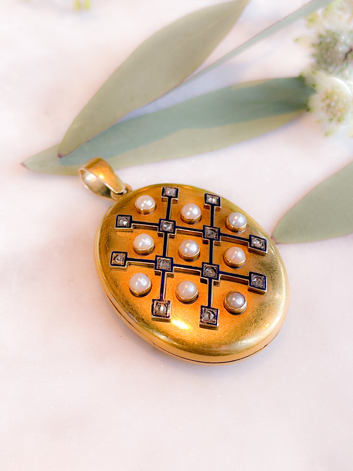 Pearl, Rose-Cut Diamond, and Blue Enamel 18k Locket