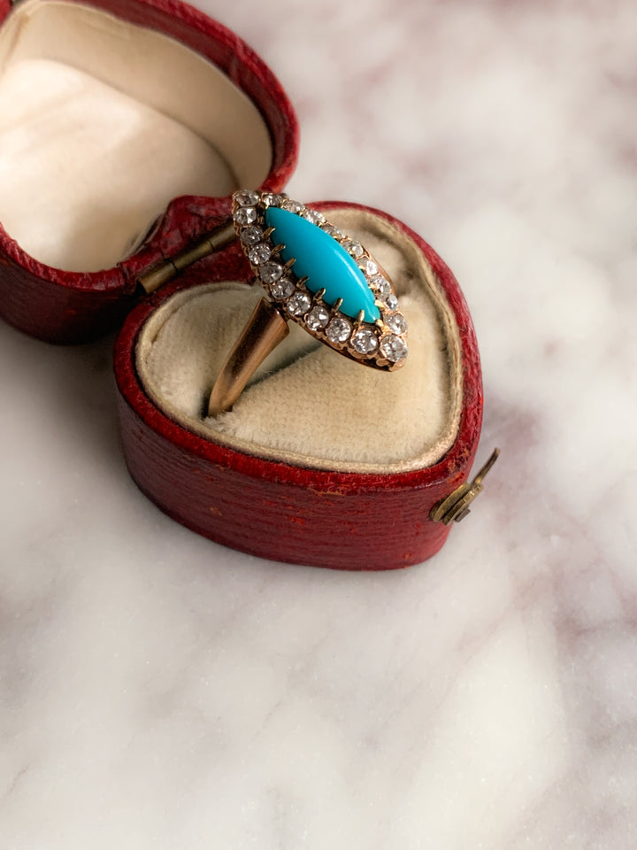 Exceptional Victorian Turquoise and Diamond Navette Ring