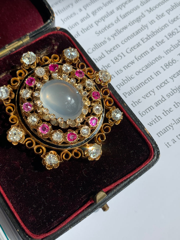 Important Victorian Moonstone, Diamond & Pink Sapphire Brooch