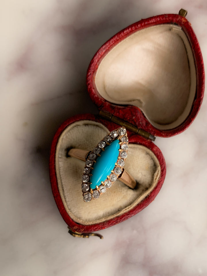 Exceptional Victorian Turquoise and Diamond Navette Ring